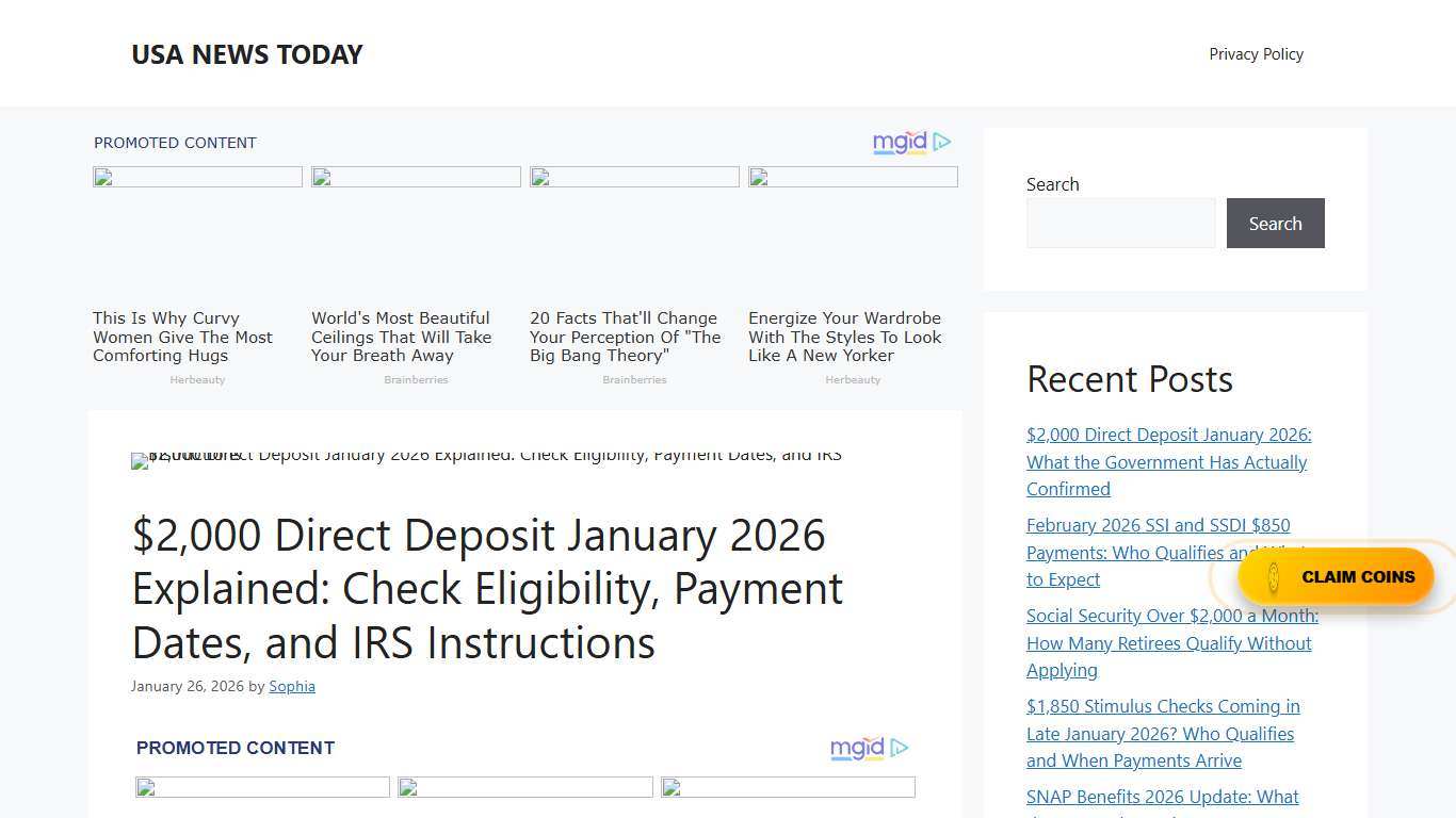 $2,000 Direct Deposit January 2026 Explained: Check Eligibility, Payment Dates, and IRS Instructions - USA NEWS TODAY